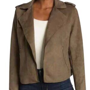 T TAHARI OLIVE GREEN FAUX SUEDE MOTO JACKET SZ.M EUC.